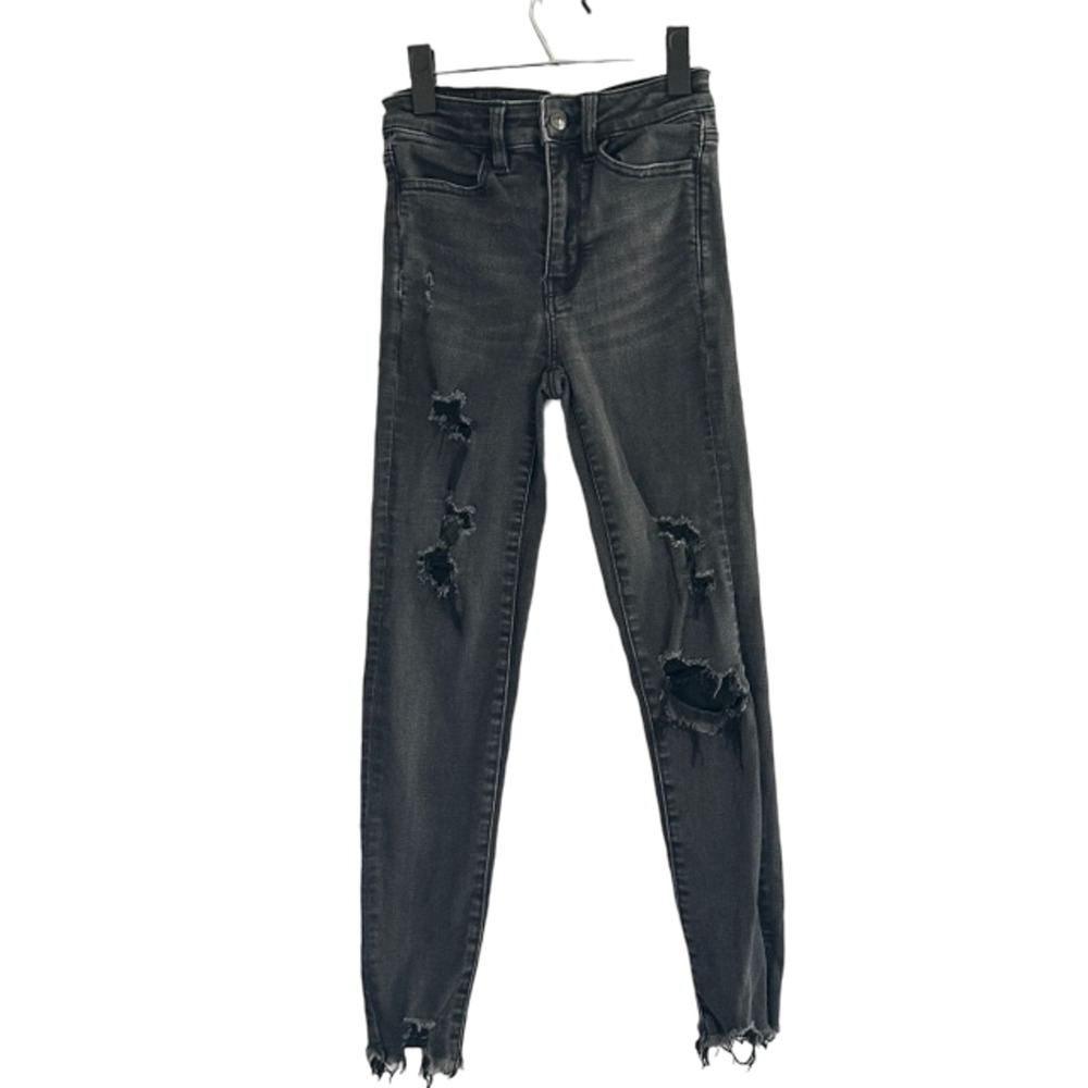 American Eagle Black Destroyed Shark Bite Trim Skinny Denim Jeans Women Sz 00